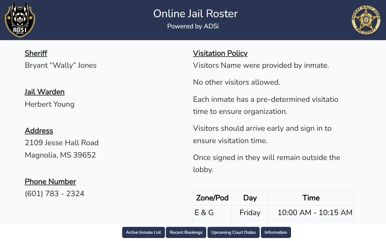 Pike County Detention Center roster information and visitation schedule